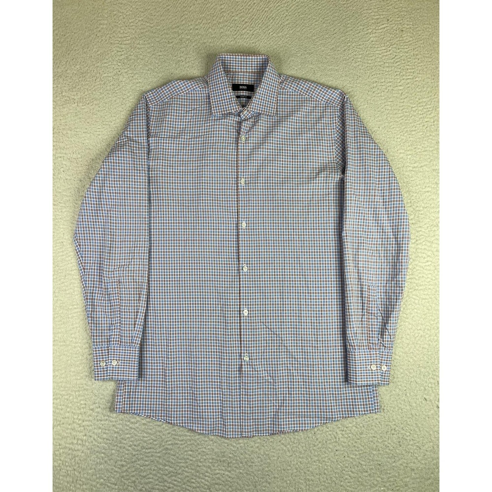 BOSS Hugo Boss Mens Dress Shirt 15.5 32/33 Blue Red Check Sharp Fit Cotton LS
